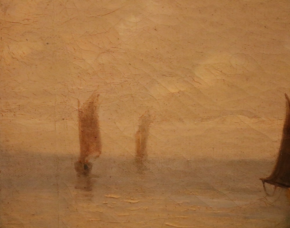 Victorian oil painting depicting a coastal marine scene with fishing boats and figures, housed within a simple wooden frame. View VI