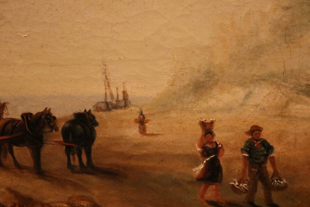 Victorian oil painting depicting a coastal marine scene with fishing boats and figures, housed within a simple wooden frame. View VII