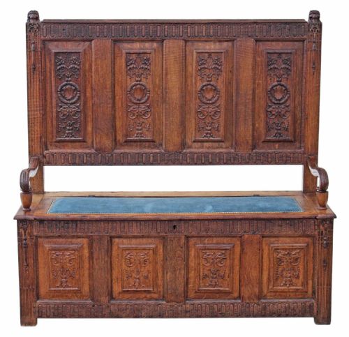 fig 1. Georgian Gothic carved oak settle bench coffer seat