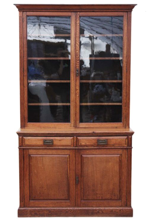 Victorian Arts and Crafts Oak Glazed Bookcase Display Cabinet