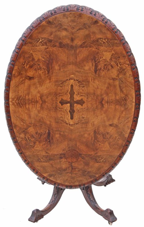 Victorian Inlaid Burr Walnut Oval Tilt Top Loo Breakfast Table