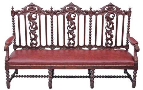 Victorian Carved Oak Leather Settle Bench Gothic