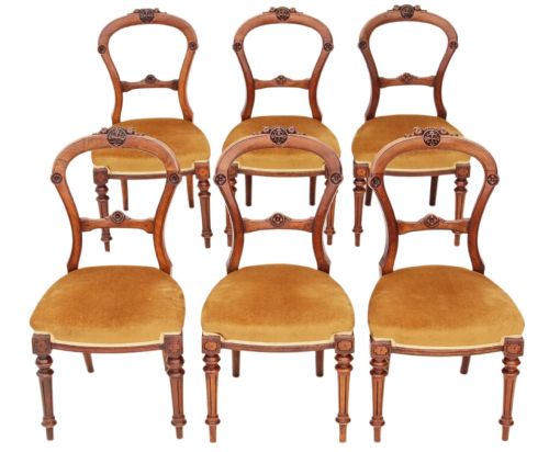 Set of 6 Victorian Carved Walnut Dining Chairs Balloon Back