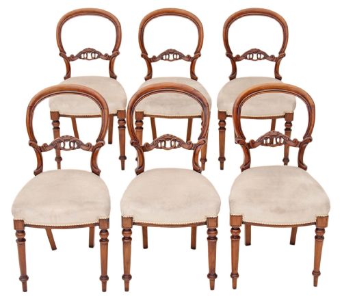 Set of 6 Victorian Carved Walnut Dining Chairs Balloon Back