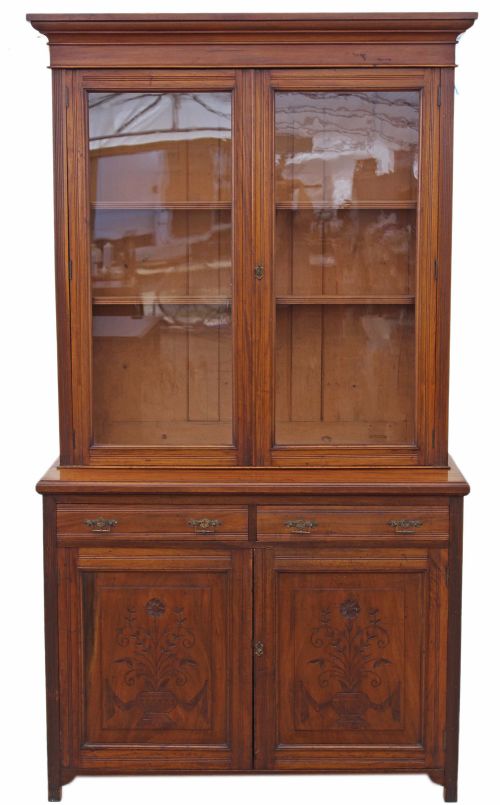 Edwardian Walnut Glazed Bookcase Display Cabinet