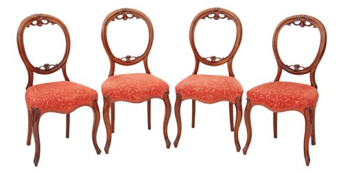 Set of 4 Victorian Carved Walnut Dining Chairs Balloon Back