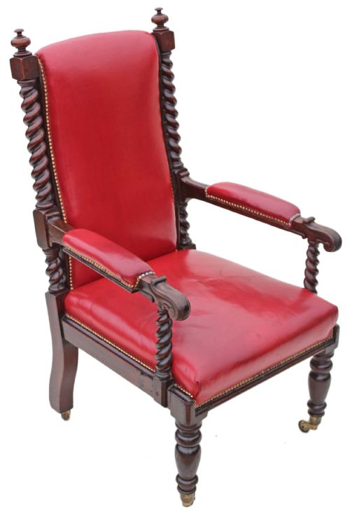Victorian Oak Leather Armchair Barley Twist