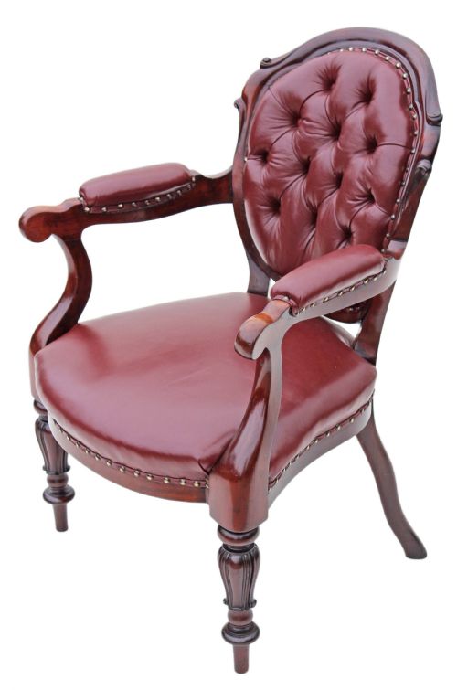 William IV Carved Walnut Leather Library Armchair