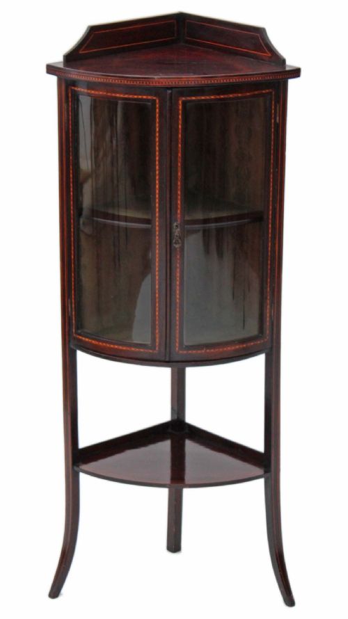 Small Edwardian Inlaid Mahogany Bow Front Corner Display Cabinet