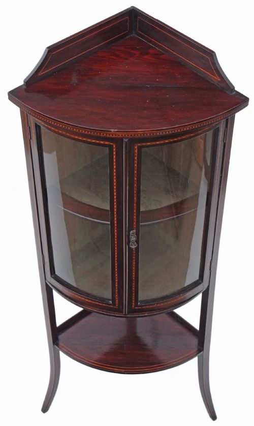 fig 1. Small Edwardian inlaid mahogany bow front corner display cabinet