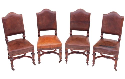 Set of 4 Victorian Walnut Leather Dining Chairs