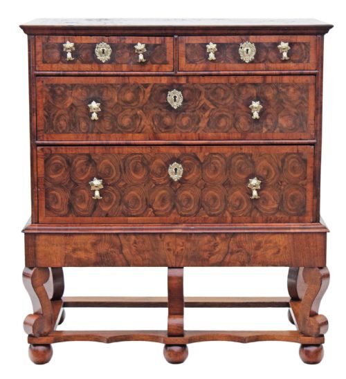 fig 1. Georgian walnut Oyster laburnum chest of drawers on stand