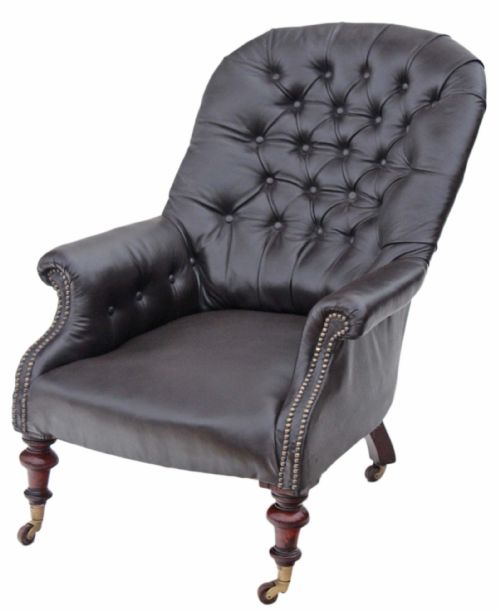 Victorian Button Back Leather Armchair Dark Brown