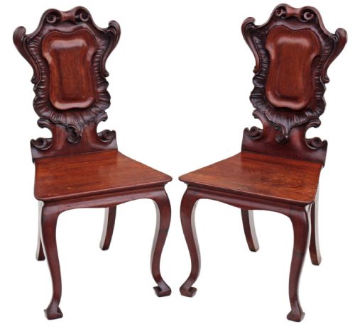 Pair of Victorian Carved Mahogany Hall Chairs