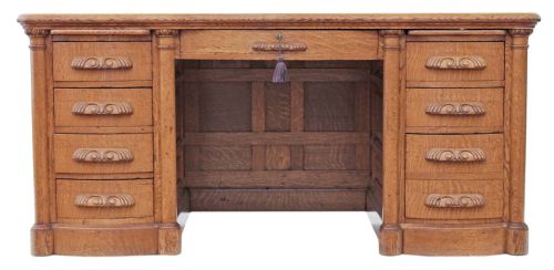 fig 1. Very large quality panelled golden oak twin pedestal partner's desk 