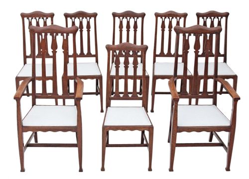 Set of 8 (6+2) Arts and Crafts Carved Oak High Back Dining Chairs