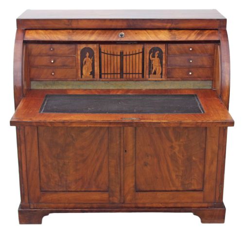 fig 1. Victorian flame mahogany cylinder bureau desk