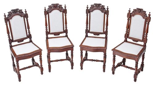 Set of 4 Victorian Gothic Carved Oak Dining Chairs