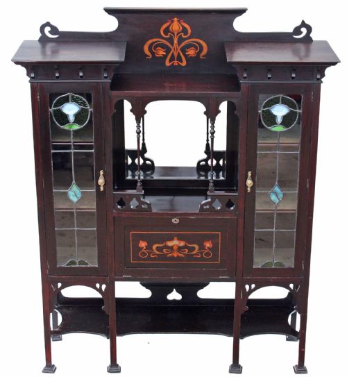 Art Nouveau Inlaid Mahogany Leaded Glass Display Cabinet