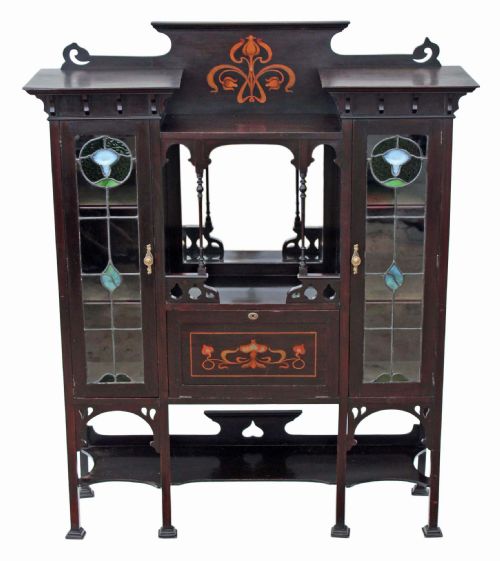 fig 1. Art Nouveau inlaid mahogany leaded glass display cabinet