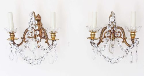 Pair of 2 Lamp Ormolu Crystal Wall Lights