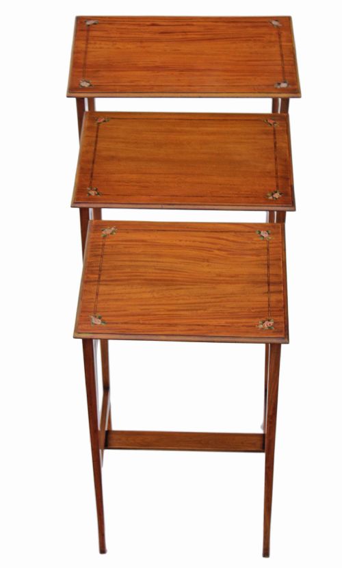 Edwardian Nest of 3 Decorated Satinwood Side or Occasional Tables
