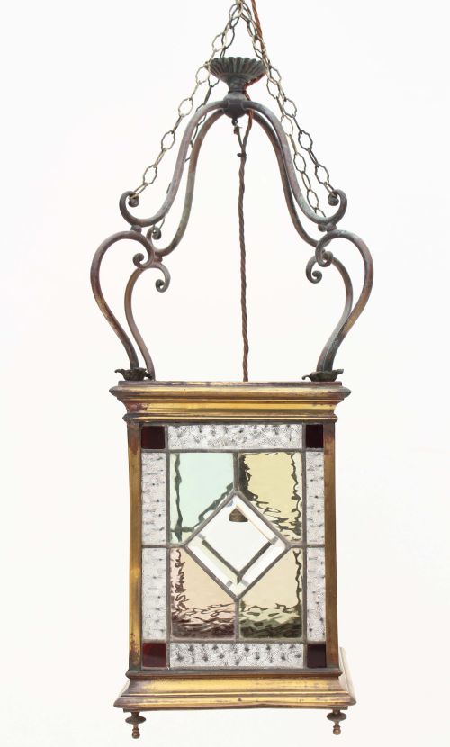 Victorian Stained Leaded Glass Brass Lantern