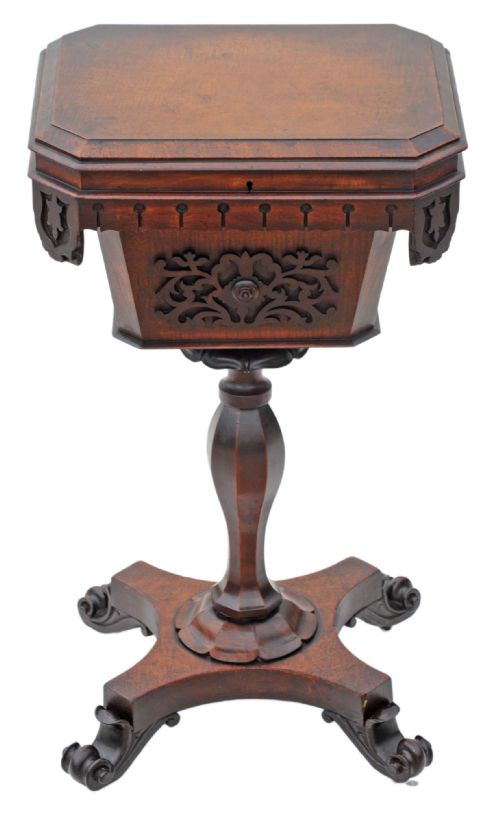 fig 1. Victorian Gothic carved mahogany sewing box work table