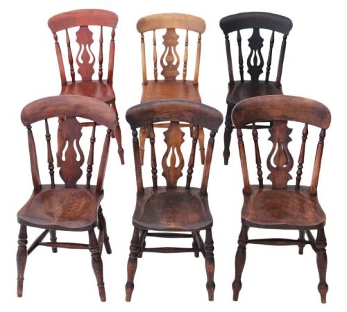 Rustic Mixed Set of 6 Ash Elm Lyre Back Kitchen Dining Chairs
