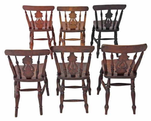 fig 1. Rustic mixed set of 6 ash elm lyre back kitchen dining chairs