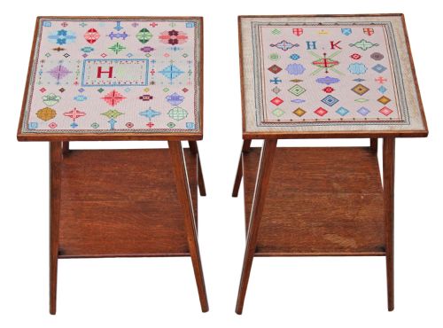 fig 1. Pair of Arts and Crafts oak plant stands side occasional tables