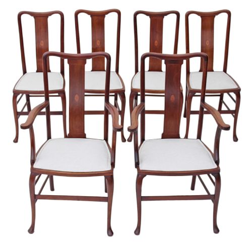 Set of 6 (4 + 2) Inlaid Mahogany Queen Anne Dining Chairs