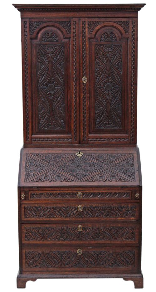 Georgian Carved Oak Bureau Bookcase Desk