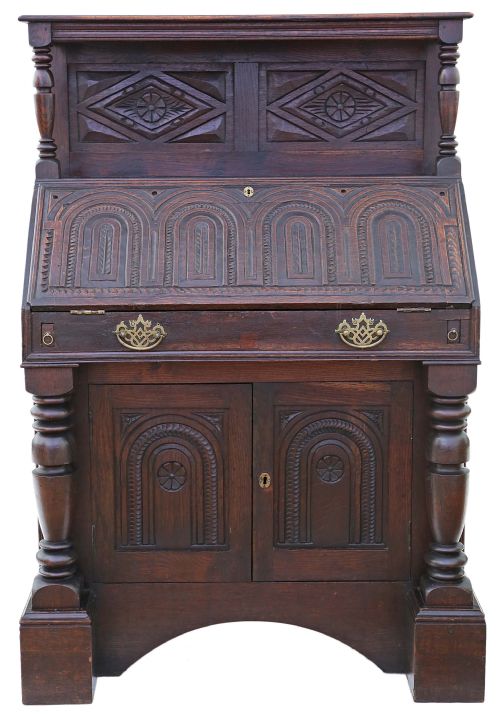 Georgian Carved Oak Bureau Desk Bookcase