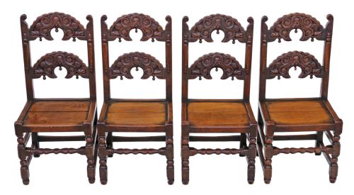 Set of 4 Gothic Heavy Carved Oak Dining Chairs