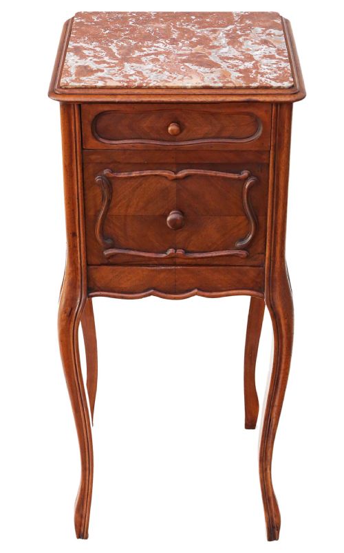 French Walnut Marble Bedside Table Cupboard Cabinet