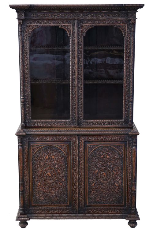 Padauk Victorian Carved Anglo Indian Glazed Bookcase Display Cabinet