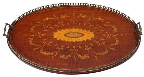 Victorian Inlaid Mahogany Oval Serving Tray Tea
