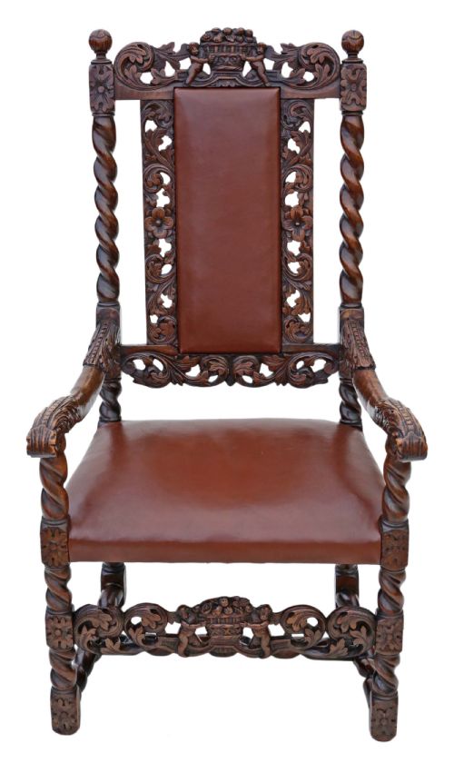 fig 1. Georgian Gothic carved walnut armchair throne chair leather