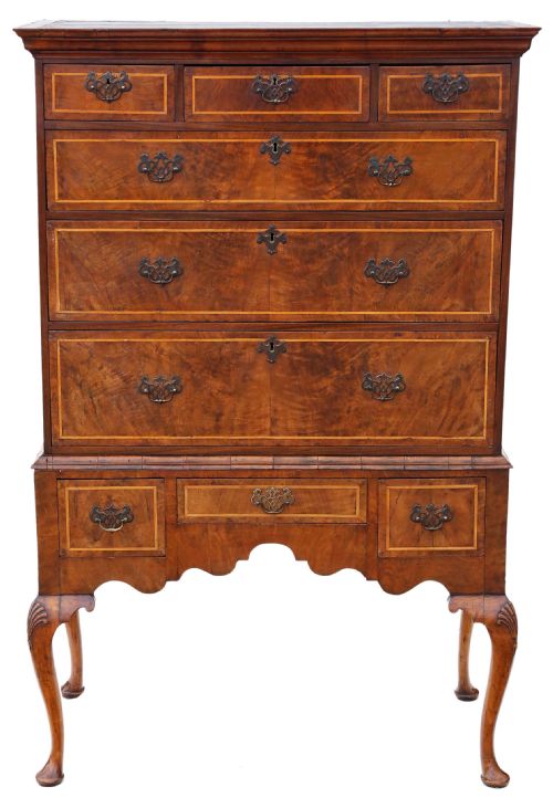 Georgian Burr Walnut Tallboy Chest on Stand of Drawers
