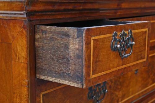 fig 3. Georgian burr walnut tallboy chest on stand of drawers