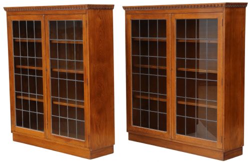Pair of Large Oak Bookcases Glazed Display Cabinets