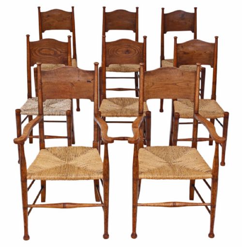 Set of 8 (6 + 2) Oak and Elm Arts & Crafts Dining Chairs