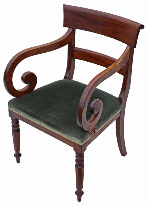 19th Century Scroll Arm Mahogany Office Elbow Desk Chair Carver