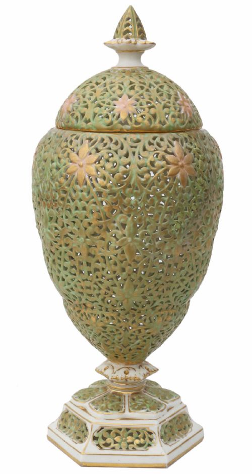 Victorian Graingers Worcester Reticulated Vase with Lid