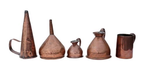 4 Victorian Copper Measuring Jugs and Funnel