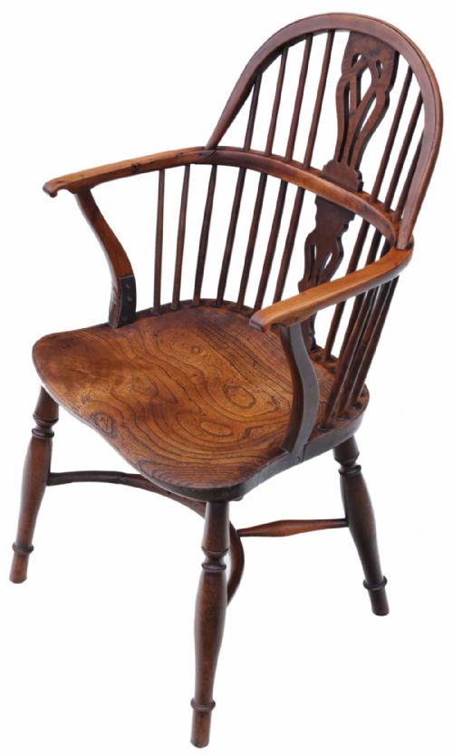 Early 19c Elm & Yew Windsor Armchair Chair Hall Side Dining Carver