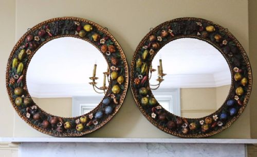 Pair of 19th Century Circular Wall Mirrors Italian Still Life Relief