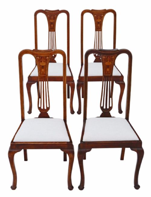 Set of 4 Inlaid Red Walnut High Back Dining Chairs