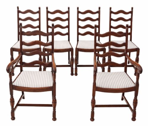 Set of 6 (4 + 2) Country Oak Ladder Back Dining Chairs